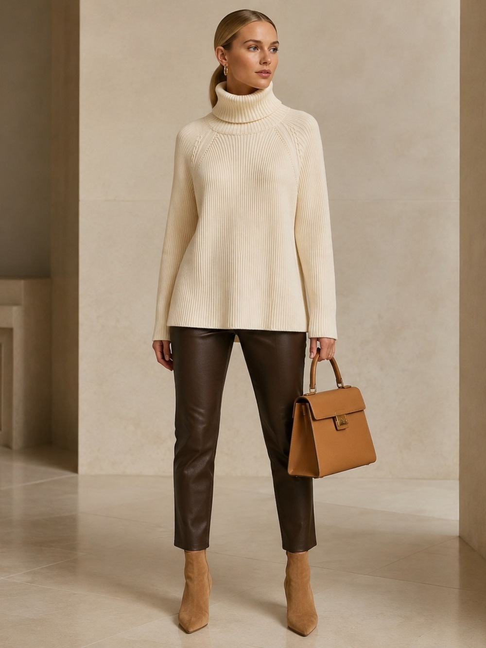 Women's Cream Ribbed Turtleneck Sweater